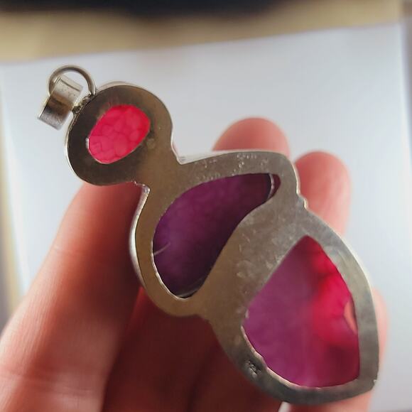 Pink Agate Geode Pendant Sterling Silver 2.75" Triple Druzy Statement - Picture 9 of 10